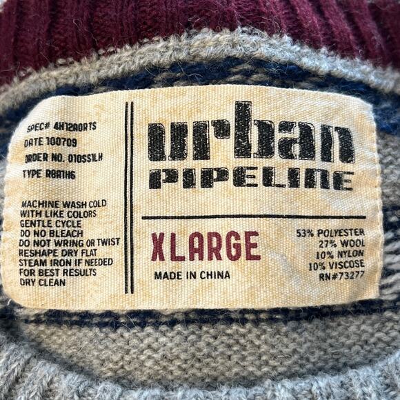 Urban Pipeline Mens XL Gray Fair Isle Crew Neck Blue Geometric Long Sleeves - Picture 3 of 5